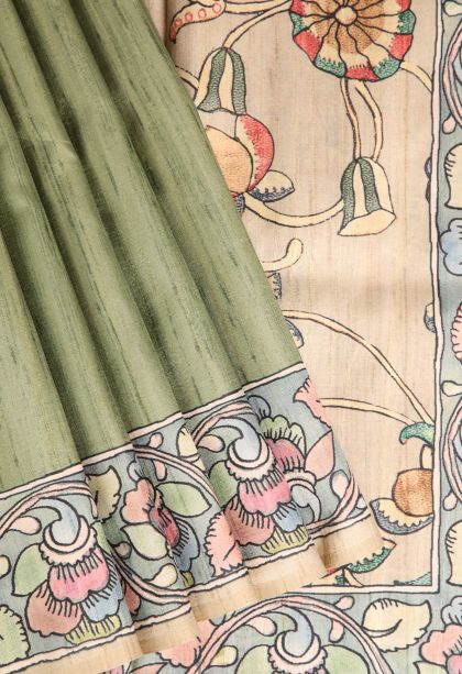 Sage Green Semi Tussar Silk with Without Zari Zari Plain