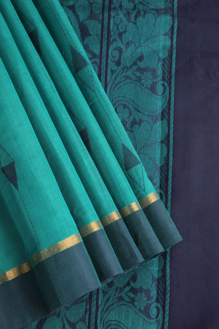 Ocean Blue Kanchi Cotton Sarees with Gold Zari Geometric Shapes view 1
