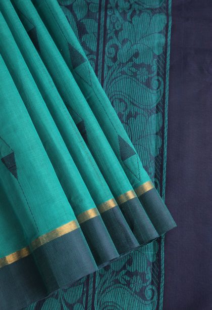 Ocean Blue Kanchi Cotton Sarees with Gold Zari Geometric Shapes