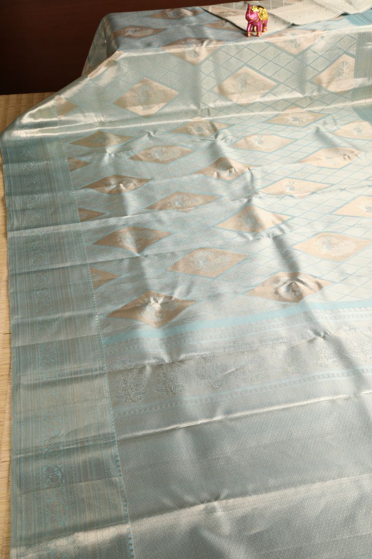 Arctic Blue Kanchipuram Silk Sarees with Gold Zari Geometric Shapes view 2