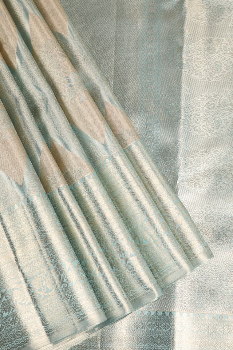 Arctic Blue Kanchipuram Silk Sarees with Gold Zari Geometric Shapes view 1