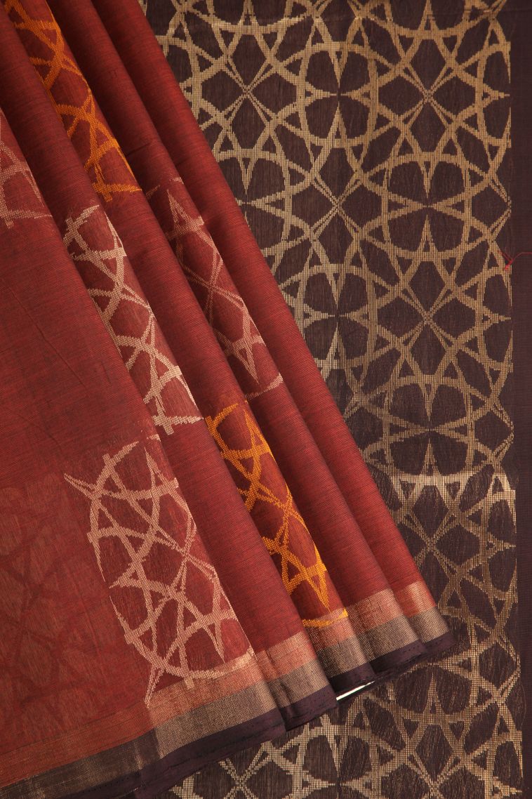 Tawny Brown Kovai Cotton Sarees with Gold Zari Geometric Shapes view 1