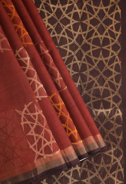 Tawny Brown Kovai Cotton Sarees with Gold Zari Geometric Shapes