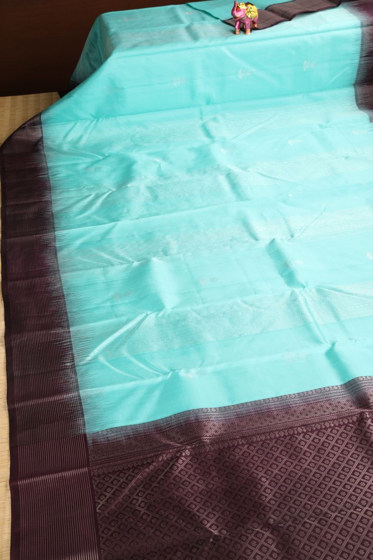 Arctic Blue Soft Silk Saree with Gold Zari Stripes view 2