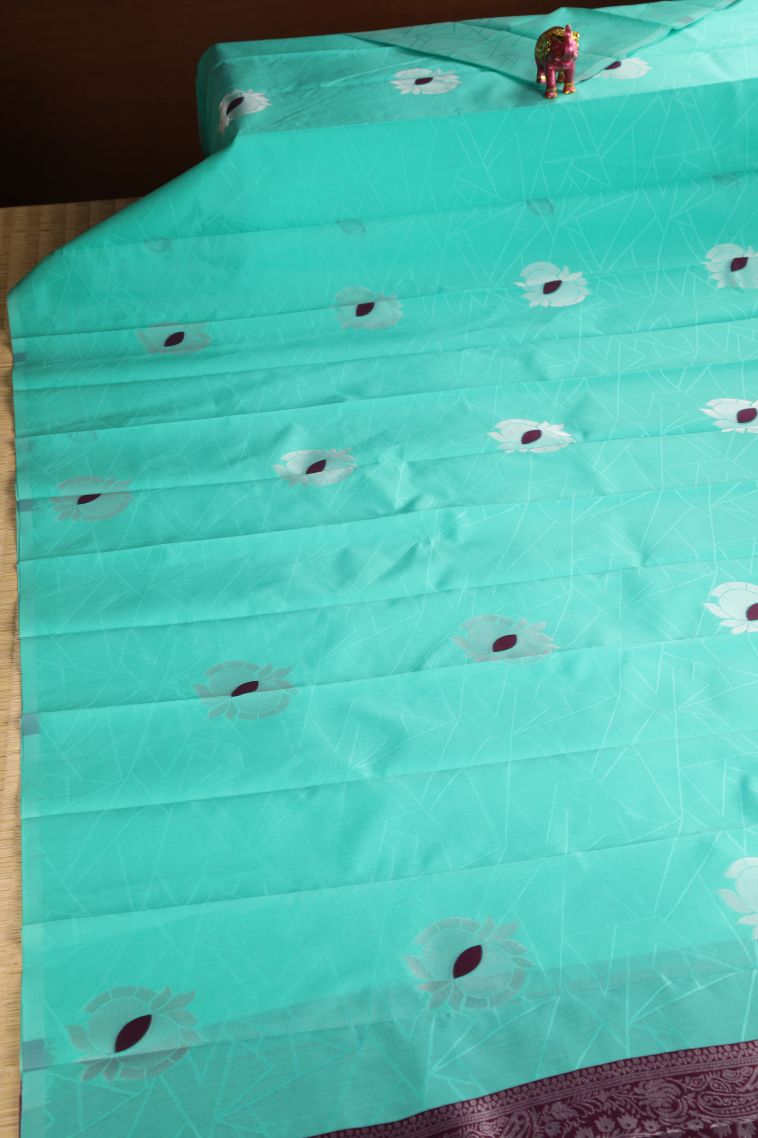 Mint Green Visiri Madippu Silk Sarees with Silver Zari Floral Patterns view 2