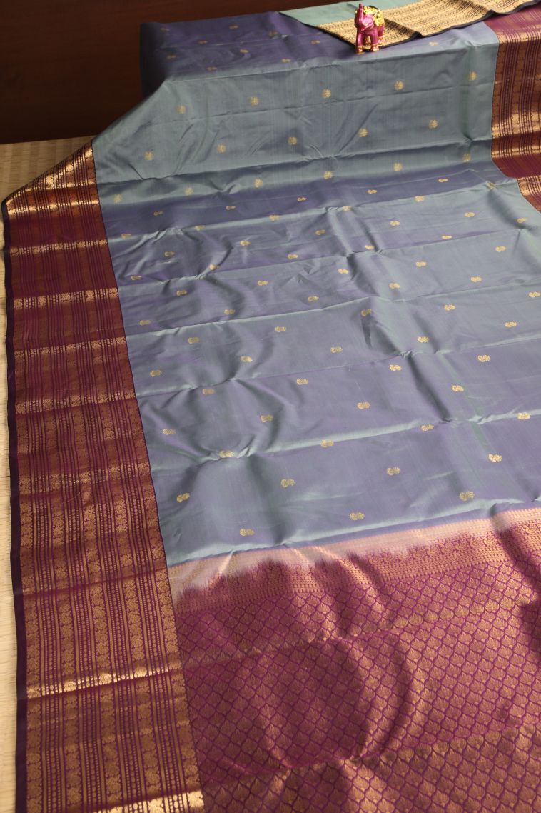 Gray Black Soft Silk Saree with Gold Zari Floral Puttas view 2