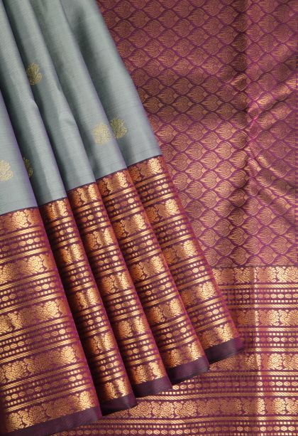 Gray Black Soft Silk Saree with Gold Zari Floral Puttas