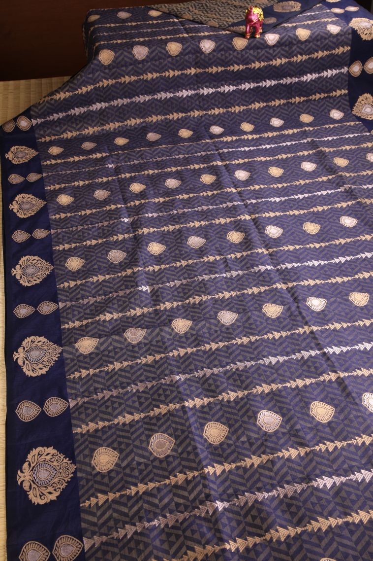 Indigo Blue Linen Saree with Gold And Silver Zari Leaf Pattern view 2