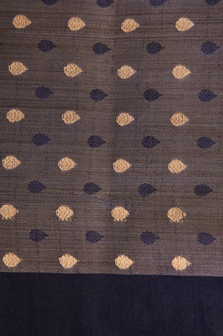 Indigo Blue Linen Saree with Gold And Silver Zari Leaf Pattern view 3