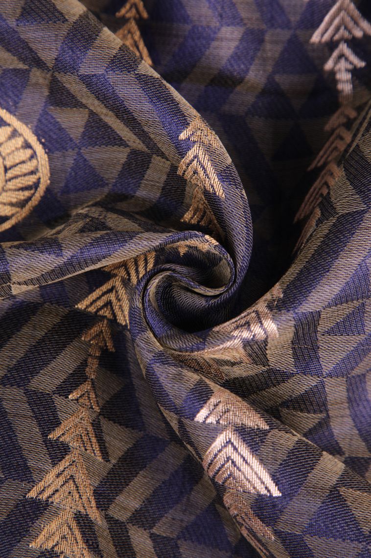 Indigo Blue Linen Saree with Gold And Silver Zari Leaf Pattern view 4