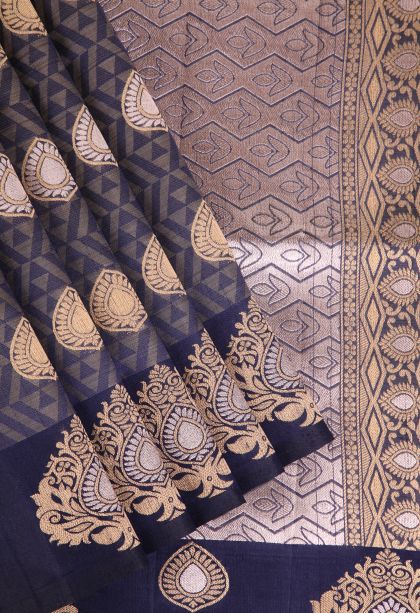 Indigo Blue Linen Saree with Gold And Silver Zari Leaf Pattern