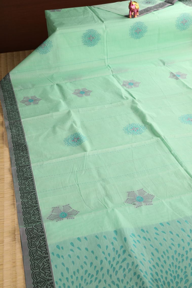 Mint Green Kovai Cotton Sarees with Without Zari Zari Floral Puttas view 2