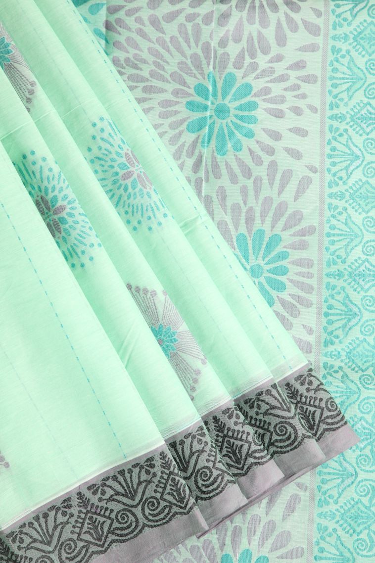 Mint Green Kovai Cotton Sarees with Without Zari Zari Floral Puttas