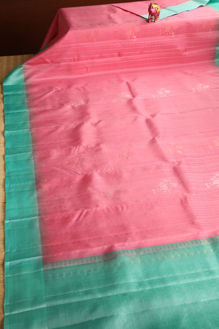 Ballet Pink Soft Silk Saree with Gold Zari Floral Patterns view 2