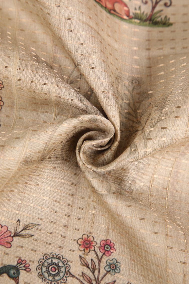 Linen White Semi Tussar Silk with Gold Zari Peacock And Animal view 4