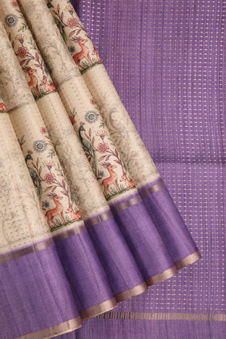 Linen White Semi Tussar Silk with Gold Zari Peacock And Animal view 1