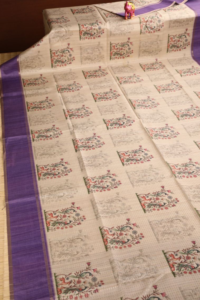 Linen White Semi Tussar Silk with Gold Zari Peacock And Animal view 2