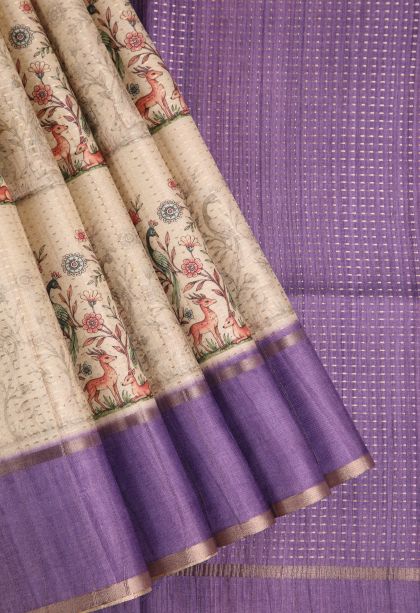 Linen White Semi Tussar Silk with Gold Zari Peacock And Animal