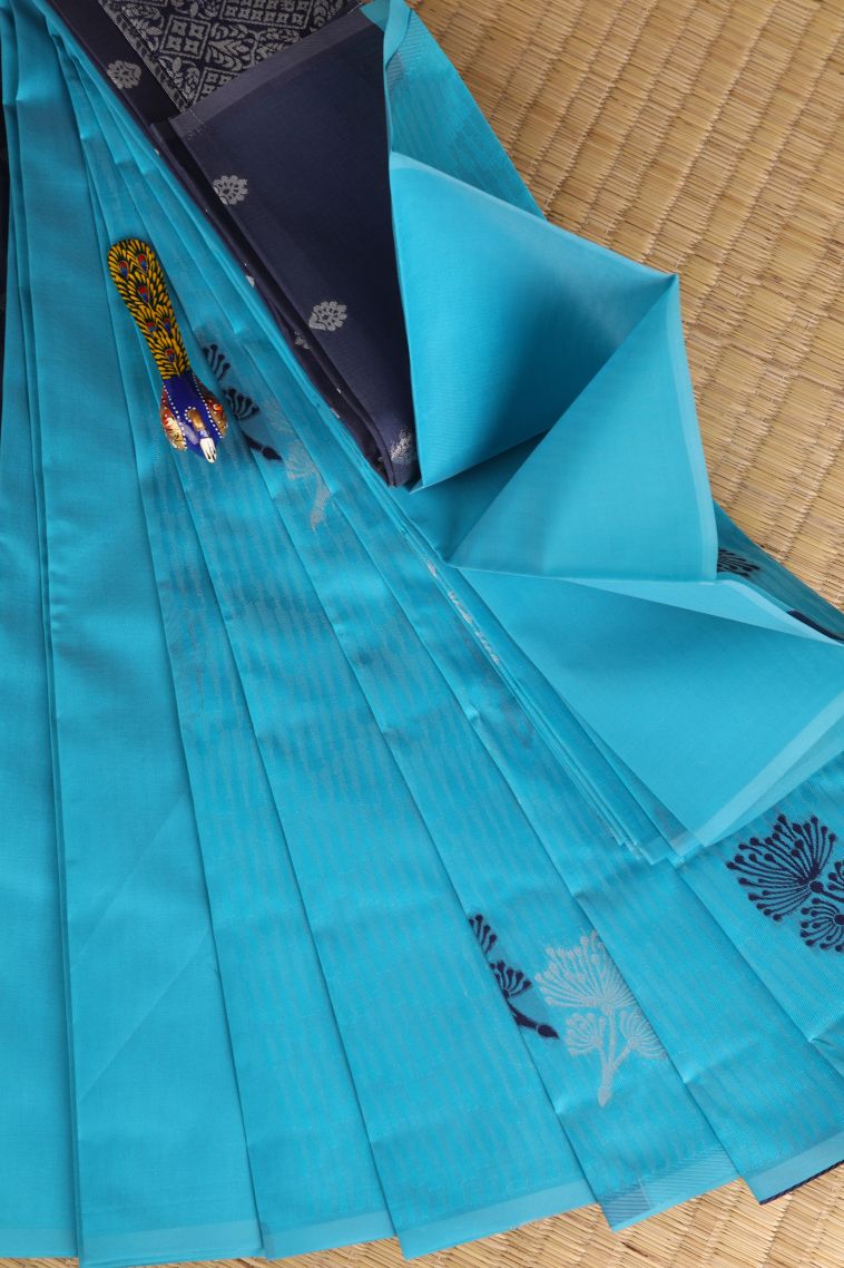 Cerulean Blue Visiri Madippu Silk Sarees with Silver Zari Floral Patterns view 1