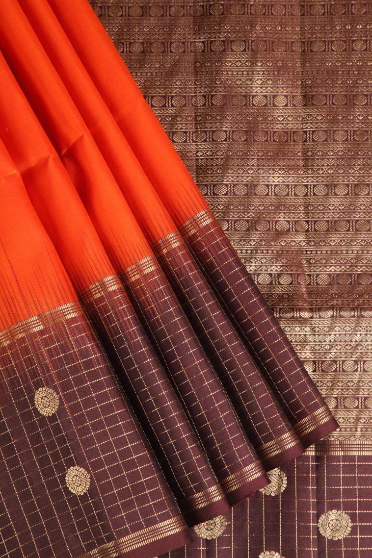 Tiger Orange Soft Silk Saree with Gold Zari Puttas view 1