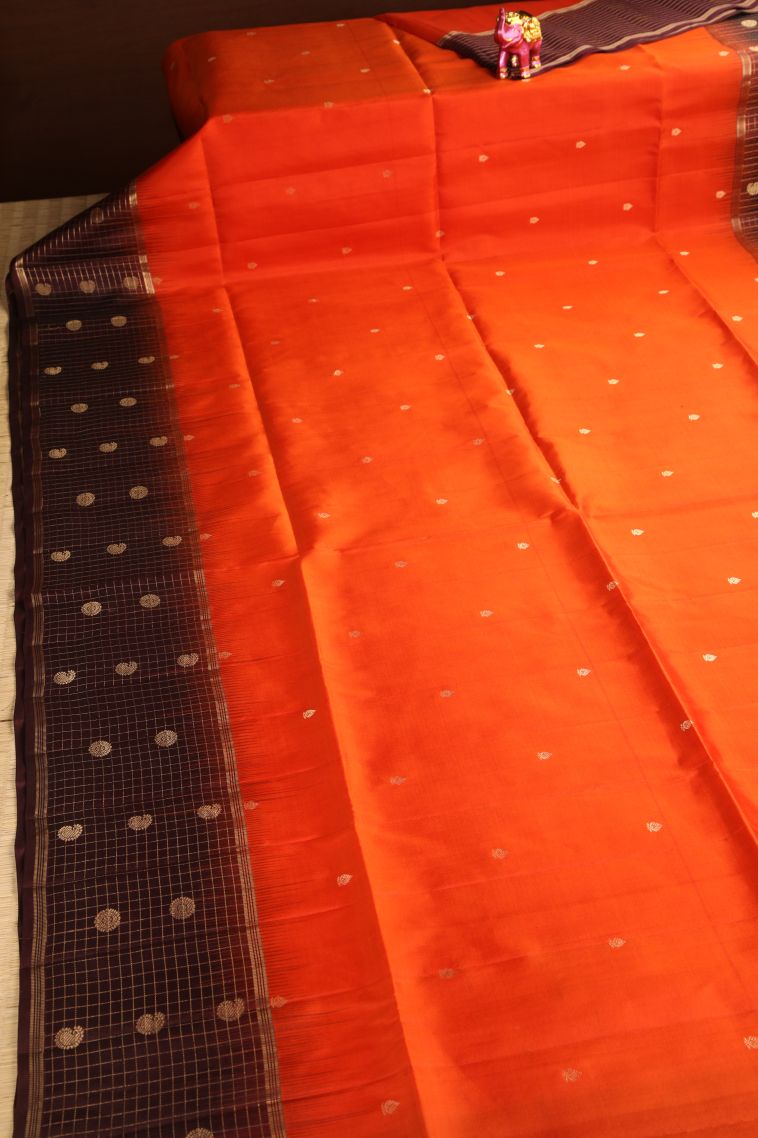 Tiger Orange Soft Silk Saree with Gold Zari Puttas view 2
