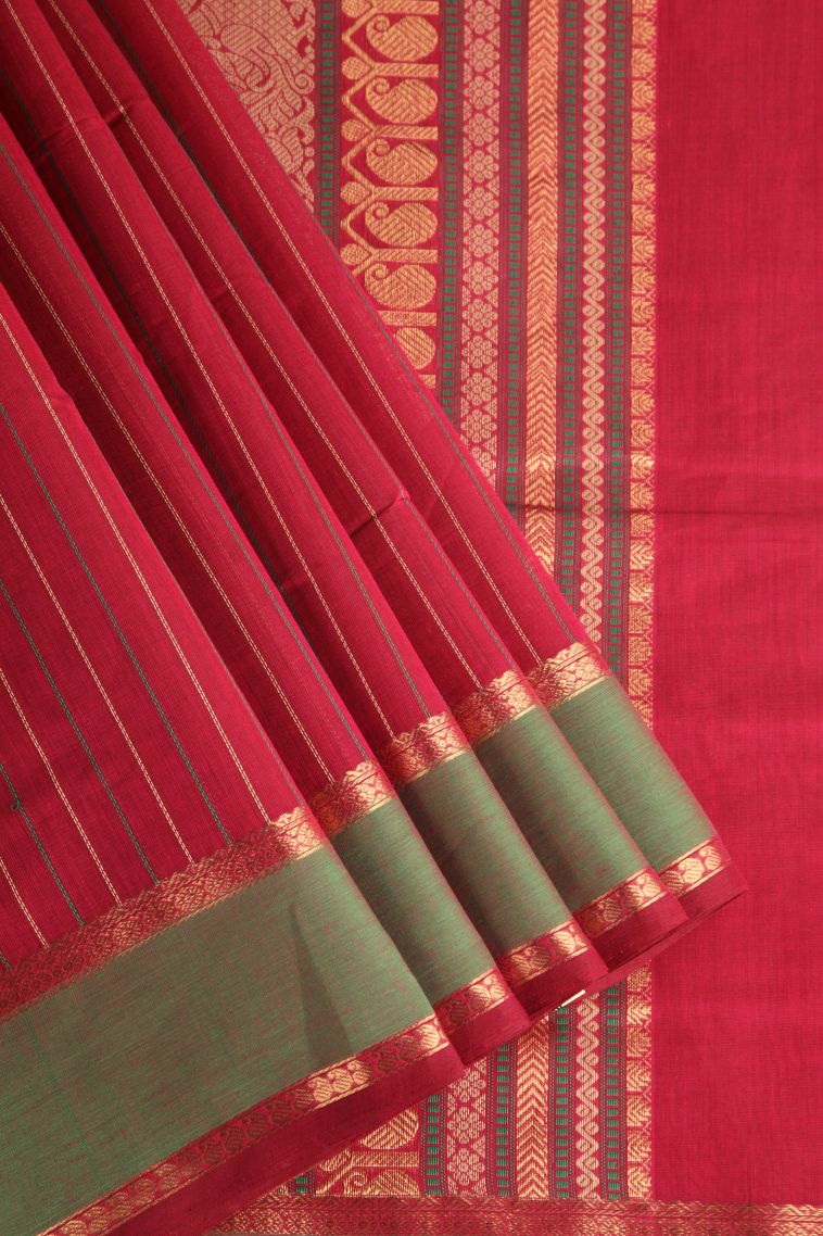 Apple Red Kovai Cotton Sarees with Gold Zari Stripes view 1