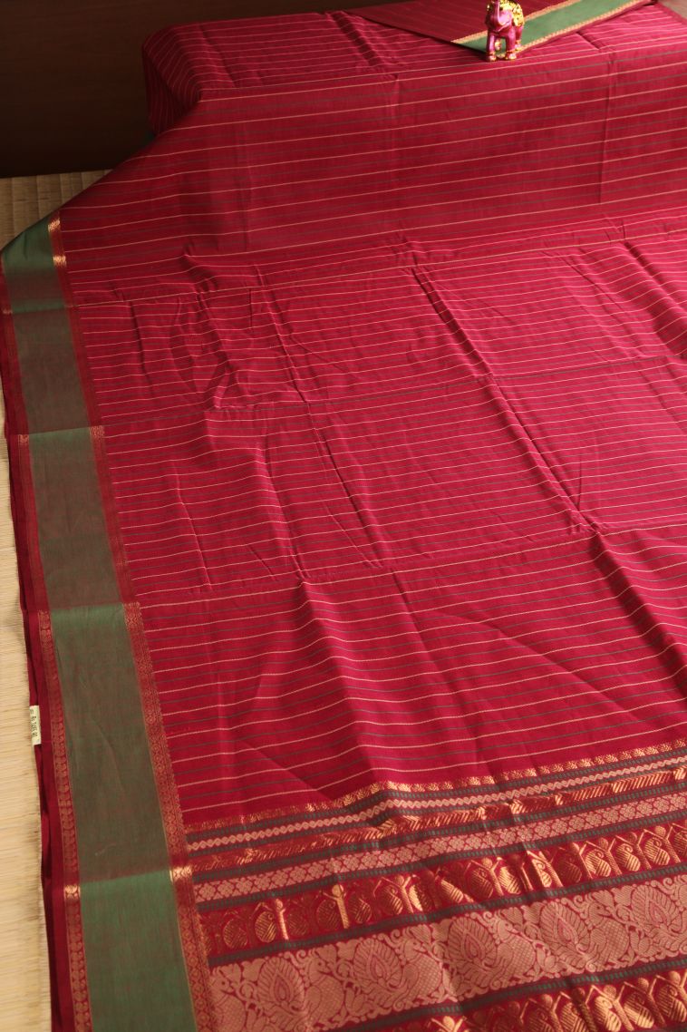 Apple Red Kovai Cotton Sarees with Gold Zari Stripes view 2