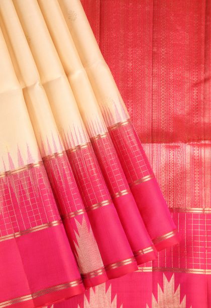 Cream White Soft Silk Saree with Gold Zari Floral Puttas