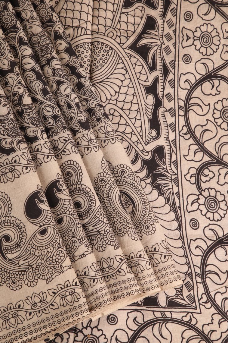 Vanilla Custard Yellow Kalamkari with Without Zari Zari Floral Patterns view 1