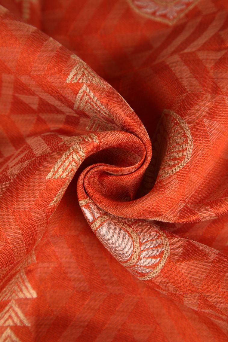 Fire Orange Semi Raw Silk Printed with Gold And Silver Zari Leaf Pattern view 4
