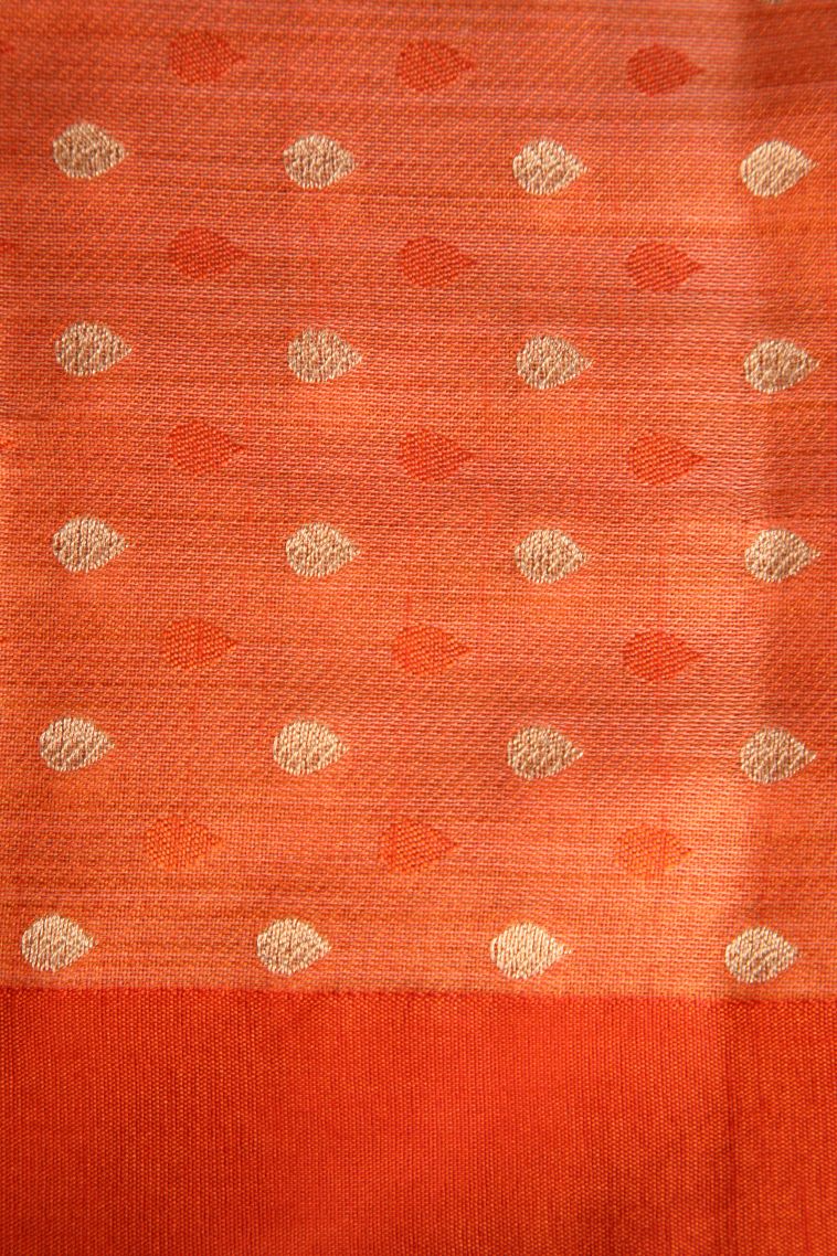 Fire Orange Semi Raw Silk Printed with Gold And Silver Zari Leaf Pattern view 3