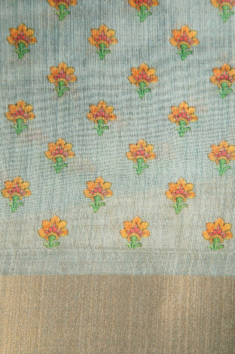 Pistachio Green Manipuri Cotton Sarees with Gold Zari Floral Patterns view 3