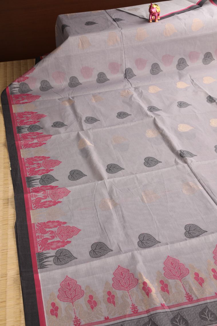 Gray Black Kovai Cotton Sarees with Without Zari Zari Leaf Pattern view 2