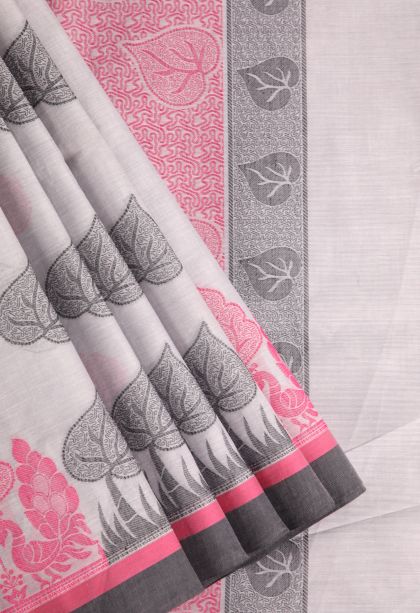 Gray Black Kovai Cotton Sarees with Without Zari Zari Leaf Pattern