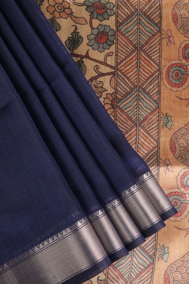 Indigo Blue Semi Tussar Silk with Gold Zari Plain view 1
