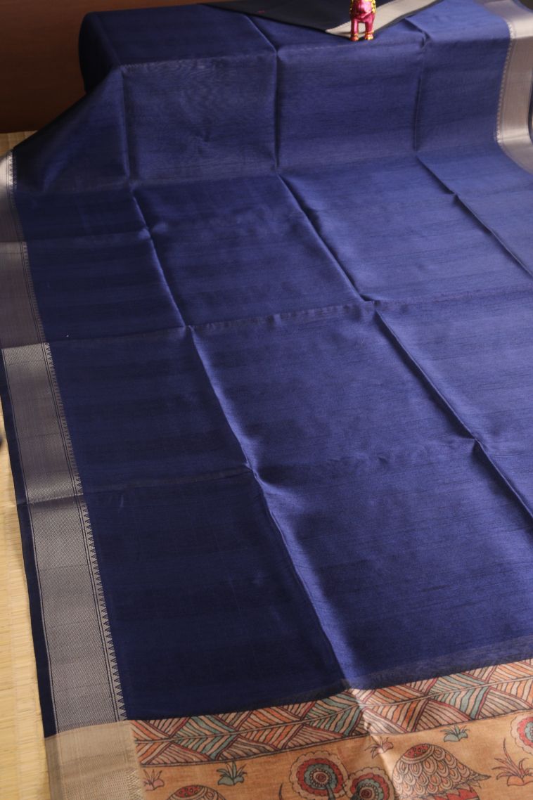 Indigo Blue Semi Tussar Silk with Gold Zari Plain view 2