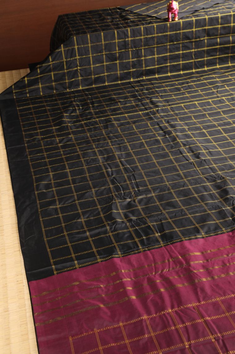 Asphalt Black Visiri Madippu Silk Sarees with Gold Zari Checks view 2