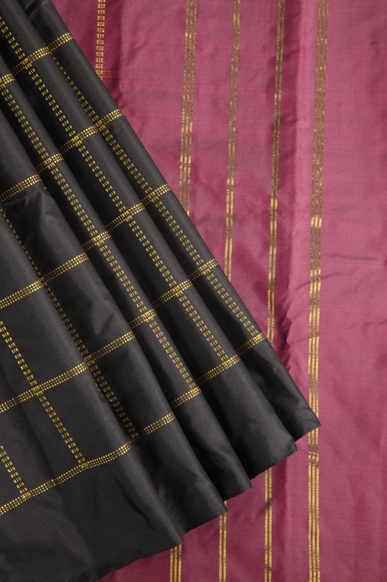 Asphalt Black Visiri Madippu Silk Sarees with Gold Zari Checks