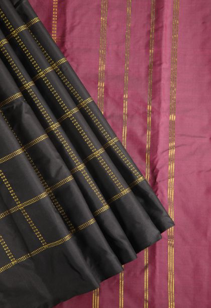 Asphalt Black Visiri Madippu Silk Sarees with Gold Zari Checks