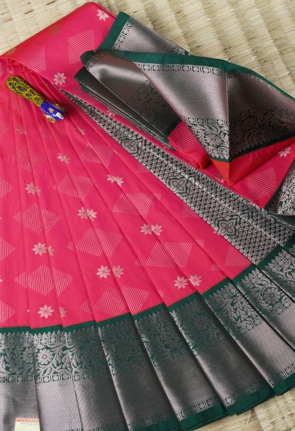 Punch Pink Visiri Madippu Silk Sarees with Gold And Silver Zari Floral Puttas