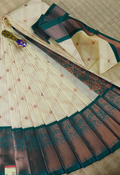 Cream White Visiri Madippu Silk Sarees with Copper Zari Rain Drops Mottif