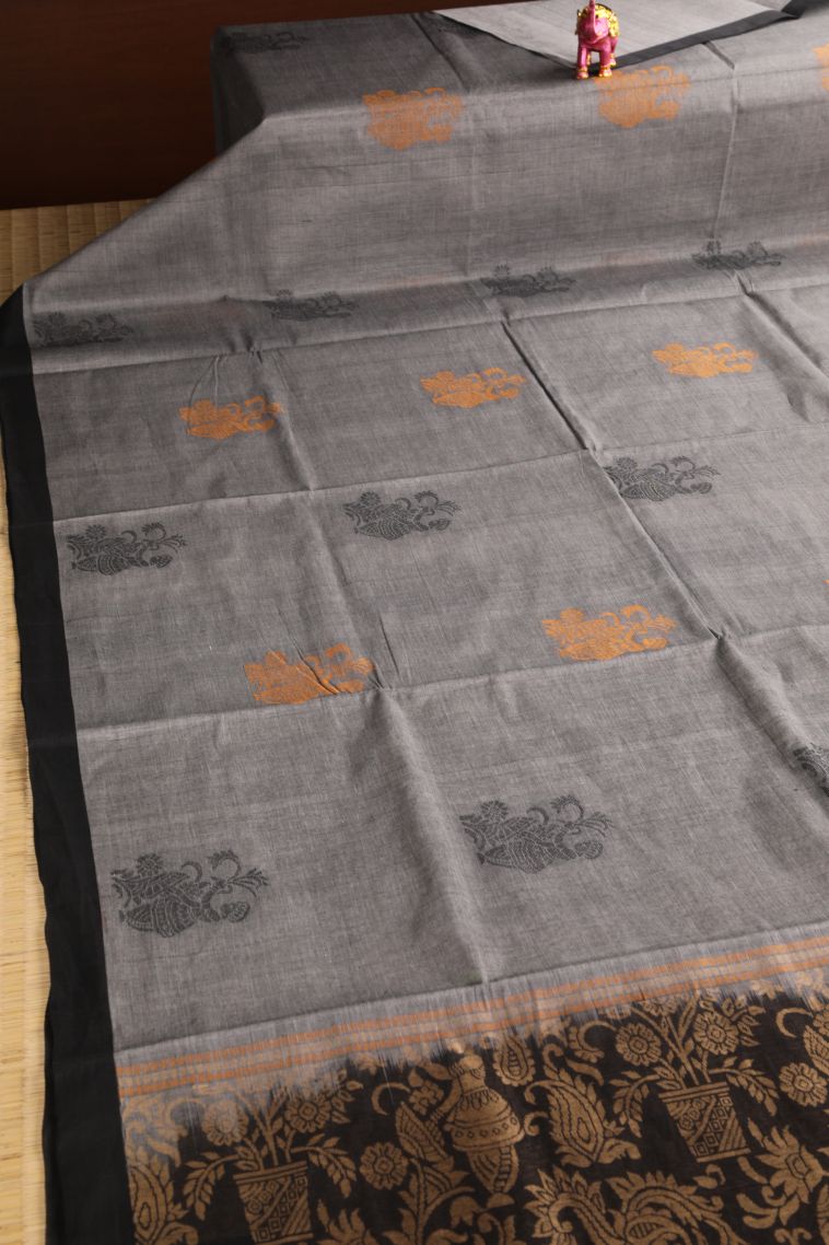 Gray Black Kovai Cotton Sarees with Without Zari Zari Floral Puttas view 2