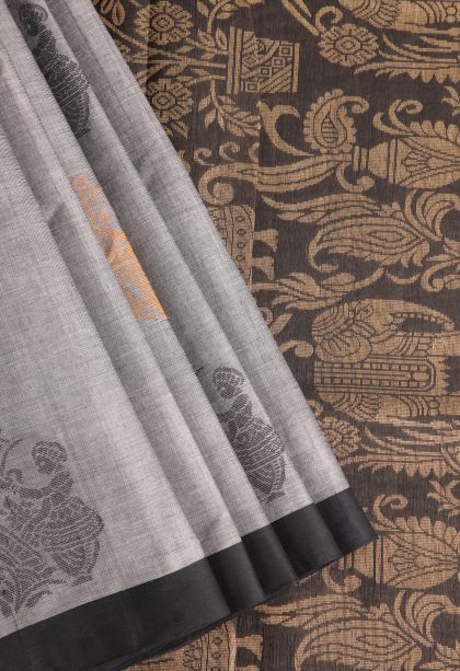 Gray Black Kovai Cotton Sarees with Without Zari Zari Floral Puttas