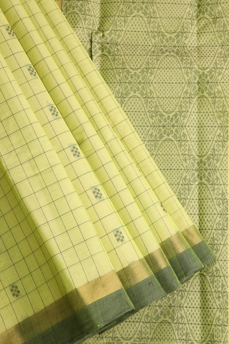 Lime Yellow Kanchi Cotton Sarees with Gold Zari Checks And Puttas view 1