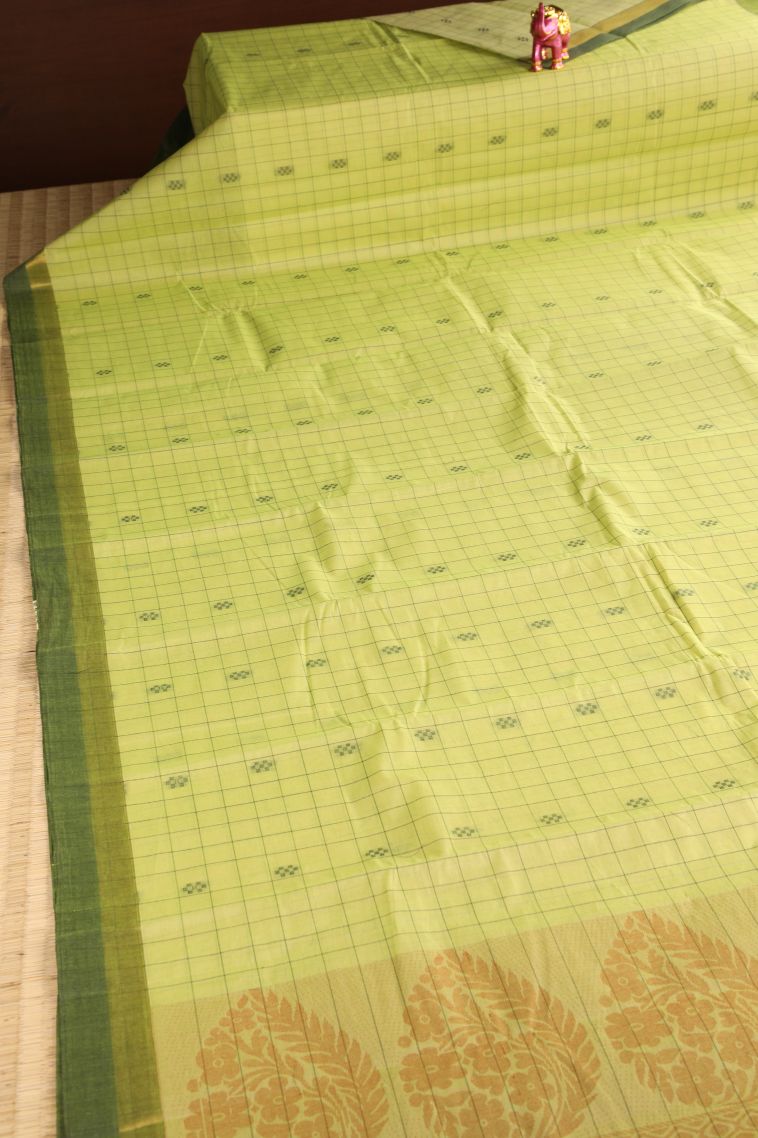Lime Yellow Kanchi Cotton Sarees with Gold Zari Checks And Puttas view 2