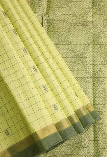 Lime Yellow Kanchi Cotton Sarees with Gold Zari Checks And Puttas