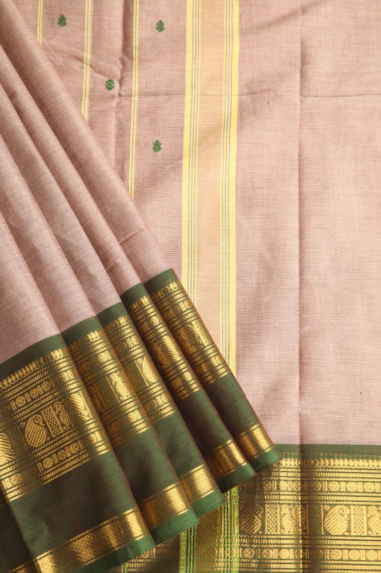 Vanilla Custard Yellow Chettinad Cotton Sarees with Gold Zari Buttis (small Dots Or Motifs) view 1