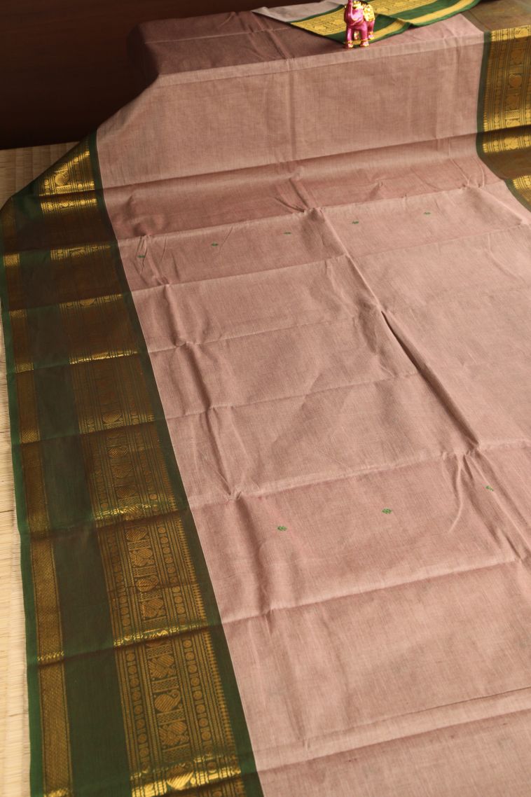 Vanilla Custard Yellow Chettinad Cotton Sarees with Gold Zari Buttis (small Dots Or Motifs) view 2