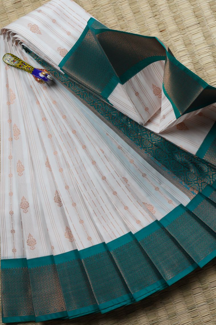 Lace White Visiri Madippu Silk Sarees with Copper Zari Floral Puttas view 1