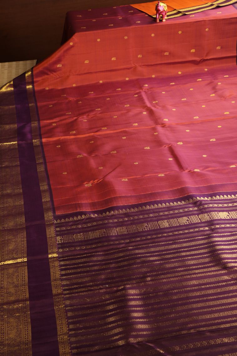 Yam Orange Kanchipuram Silk Sarees with Gold Zari Peacock And Rudhractam view 2